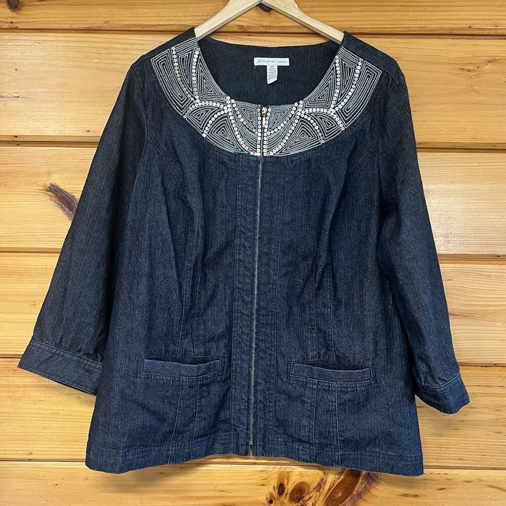 JM COLLECTION Women Cotton Polyester Jean Jacket Embroidered Sequined 16W Plus